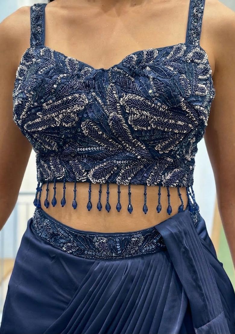 Navy Blue Hand Work Satin Pre Draped Saree Set - Indya