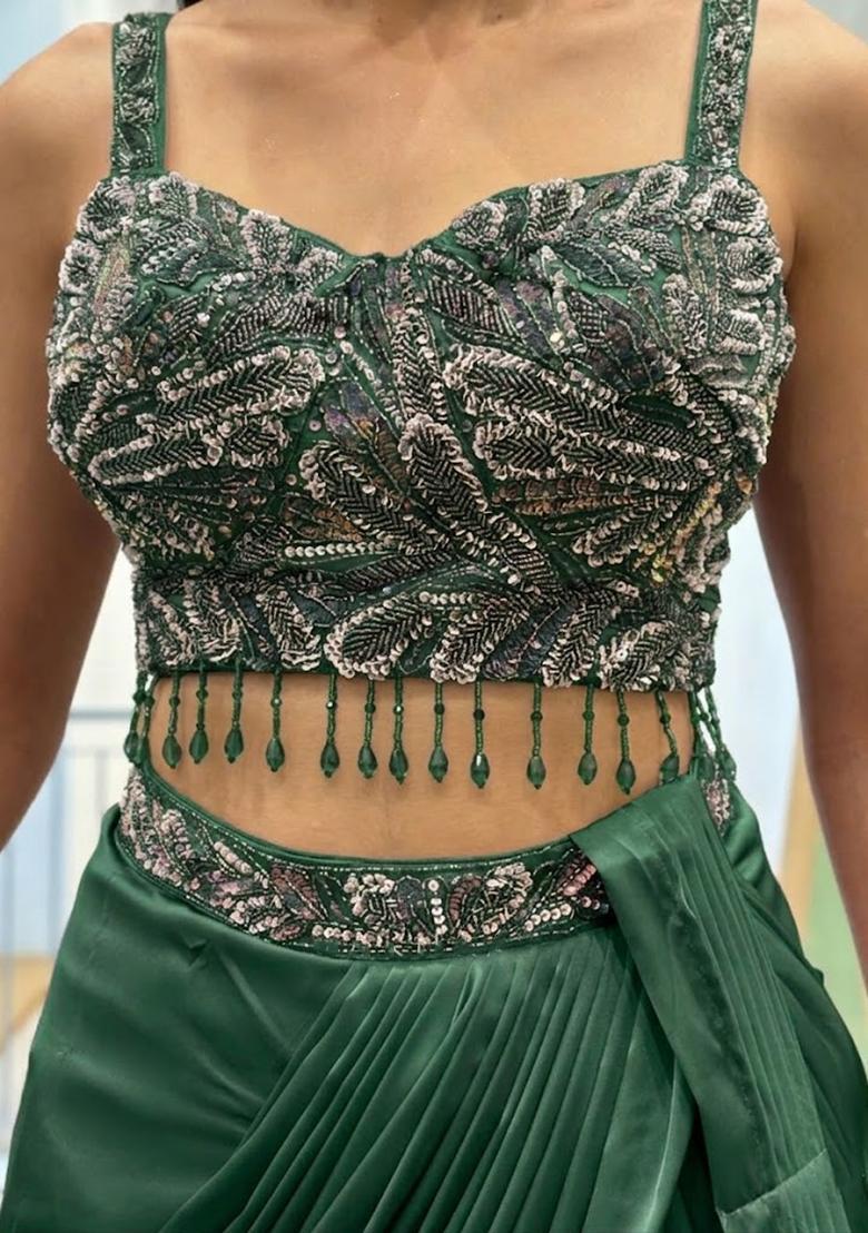 Dark Green Hand Work Satin Pre Draped Saree Set - Indya
