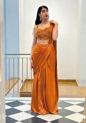 Orange Hand Work Satin Pre Draped Saree Set