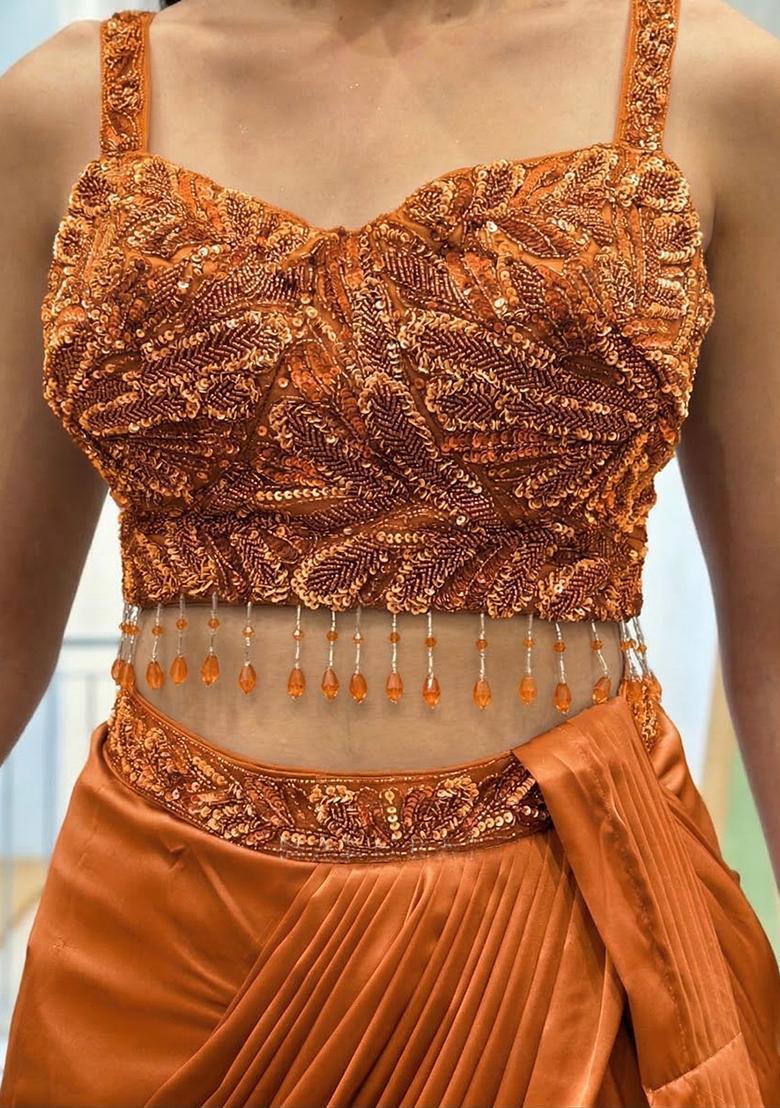 Orange Hand Work Satin Pre Draped Saree Set - Indya