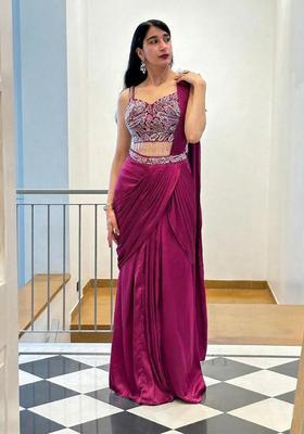 Rani Pink Hand Work Satin Pre Draped Saree Set