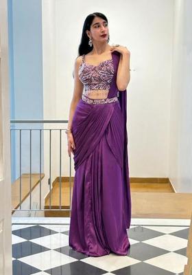 Purple Hand Work Satin Pre Draped Saree Set