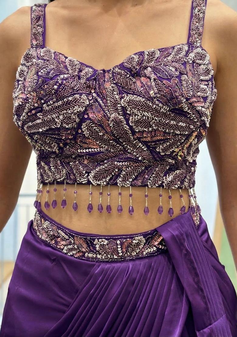 Purple Hand Work Satin Pre Draped Saree Set - Indya