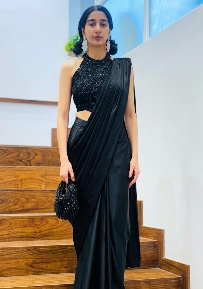 Jet Black Hand Work Satin Pre Draped Saree Set - Indya