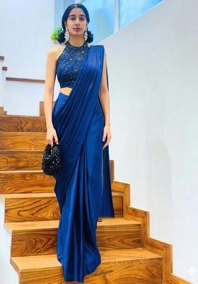 Royal Blue Hand Work Satin Pre Draped Saree Set