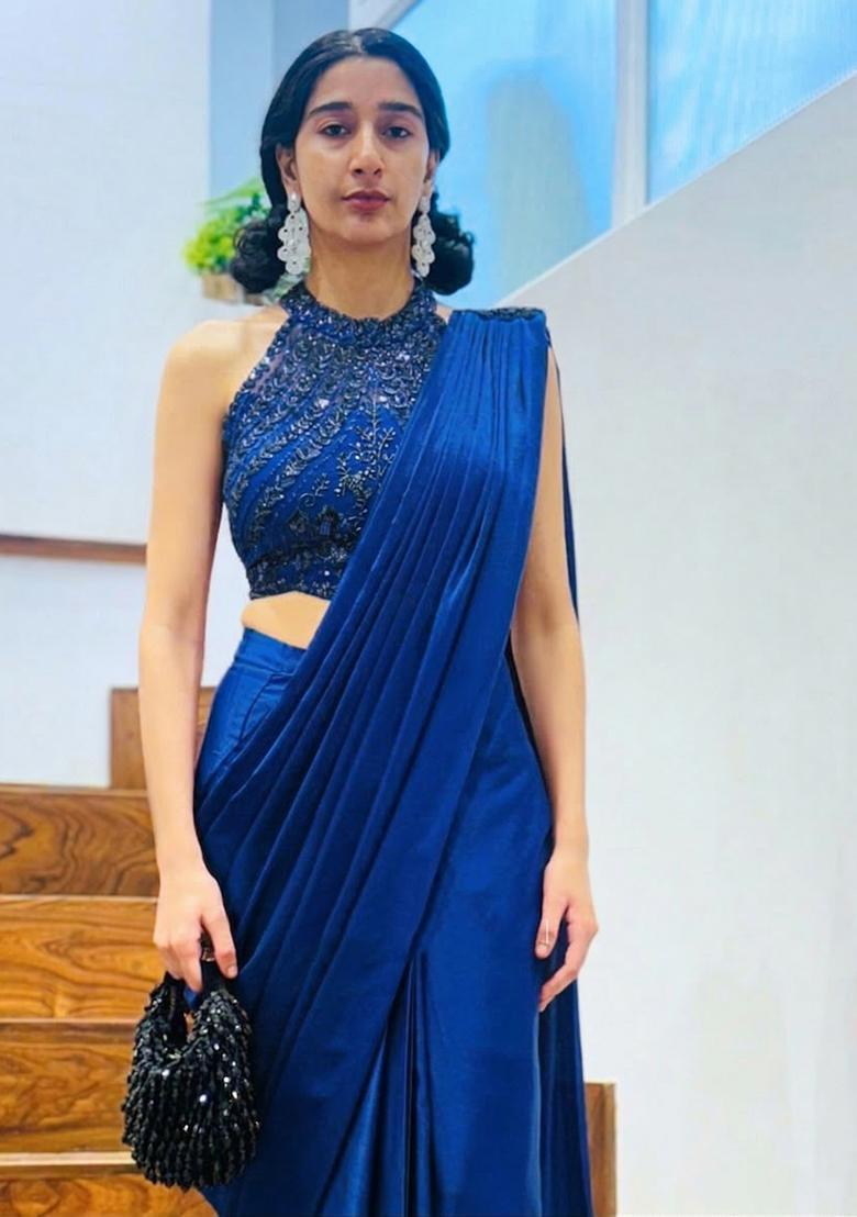 Royal Blue Hand Work Satin Pre Draped Saree Set - Indya