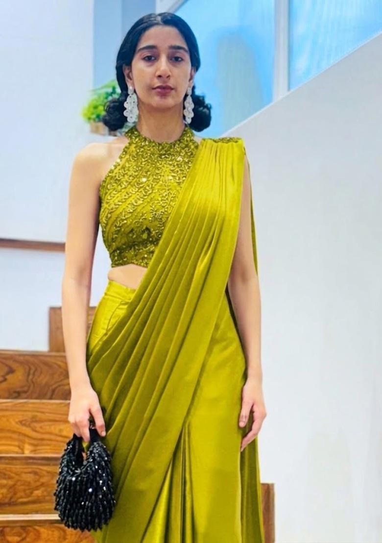 Lime Green Hand Work Satin Pre Draped Saree Set - Indya