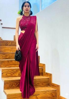 Rani Pink Hand Work Satin Pre Draped Saree Set