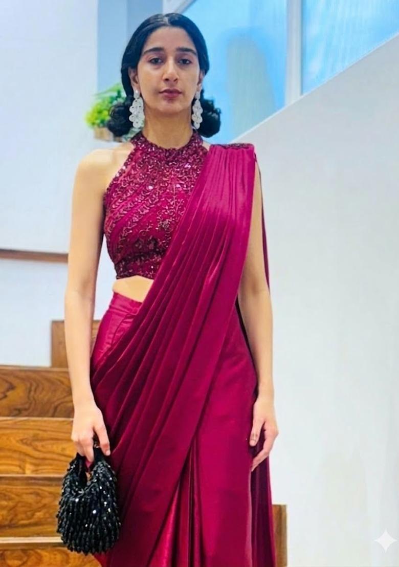 Rani Pink Hand Work Satin Pre Draped Saree Set - Indya
