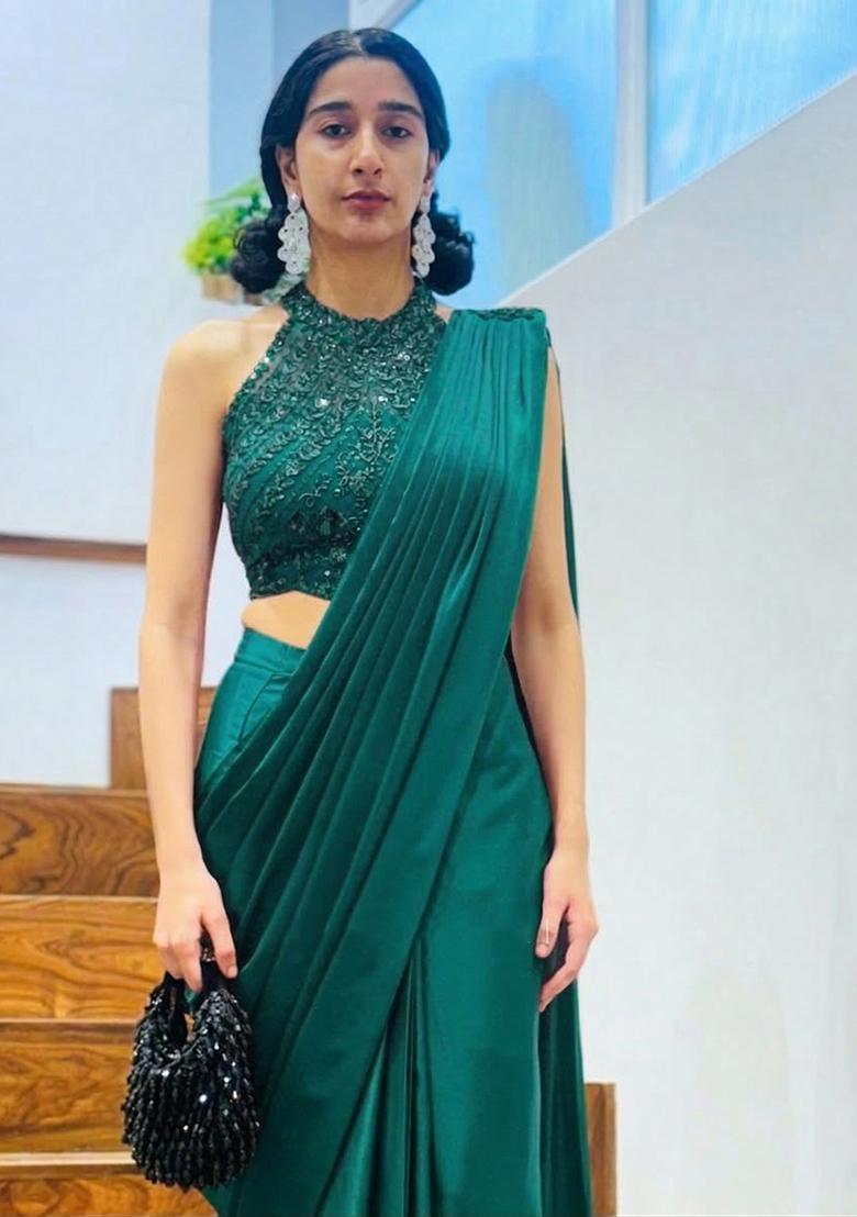 Bottle Green Hand Work Satin Pre Draped Saree Set - Indya