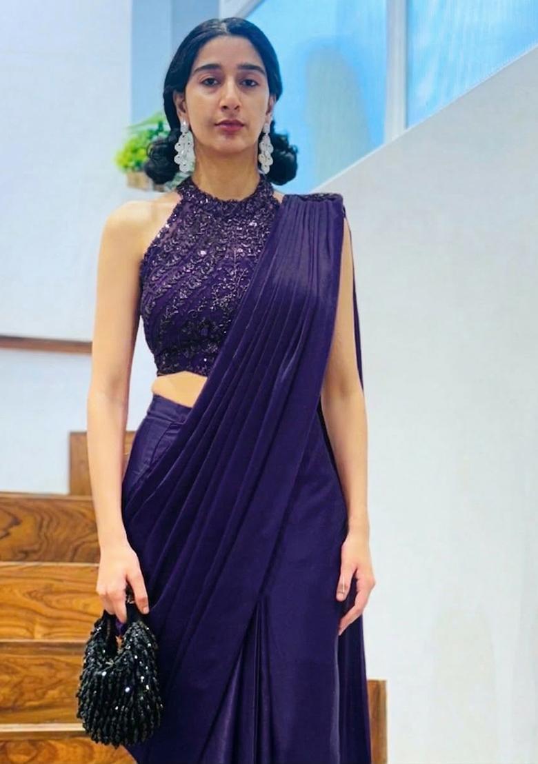 Deep Blue Hand Work Satin Pre Draped Saree Set - Indya