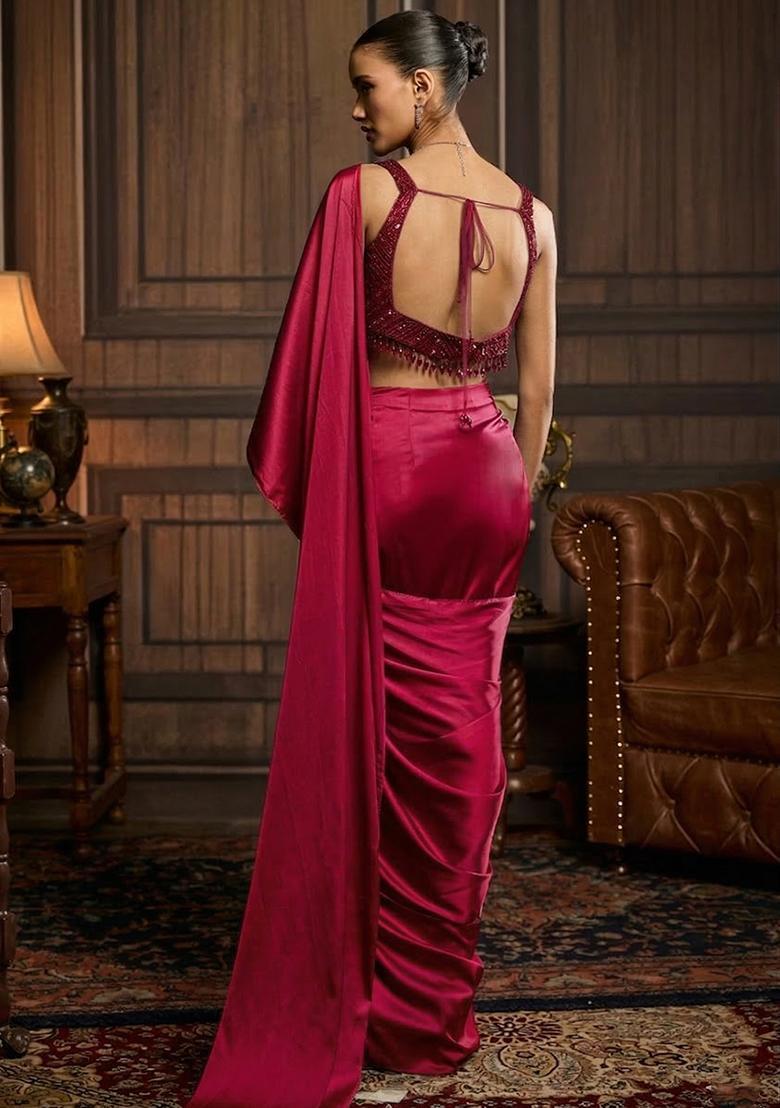 Rani Pink Hand Work Satin Pre Draped Saree Set - Indya