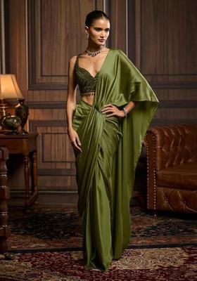 Olive Green Hand Work Satin Pre Draped Saree Set