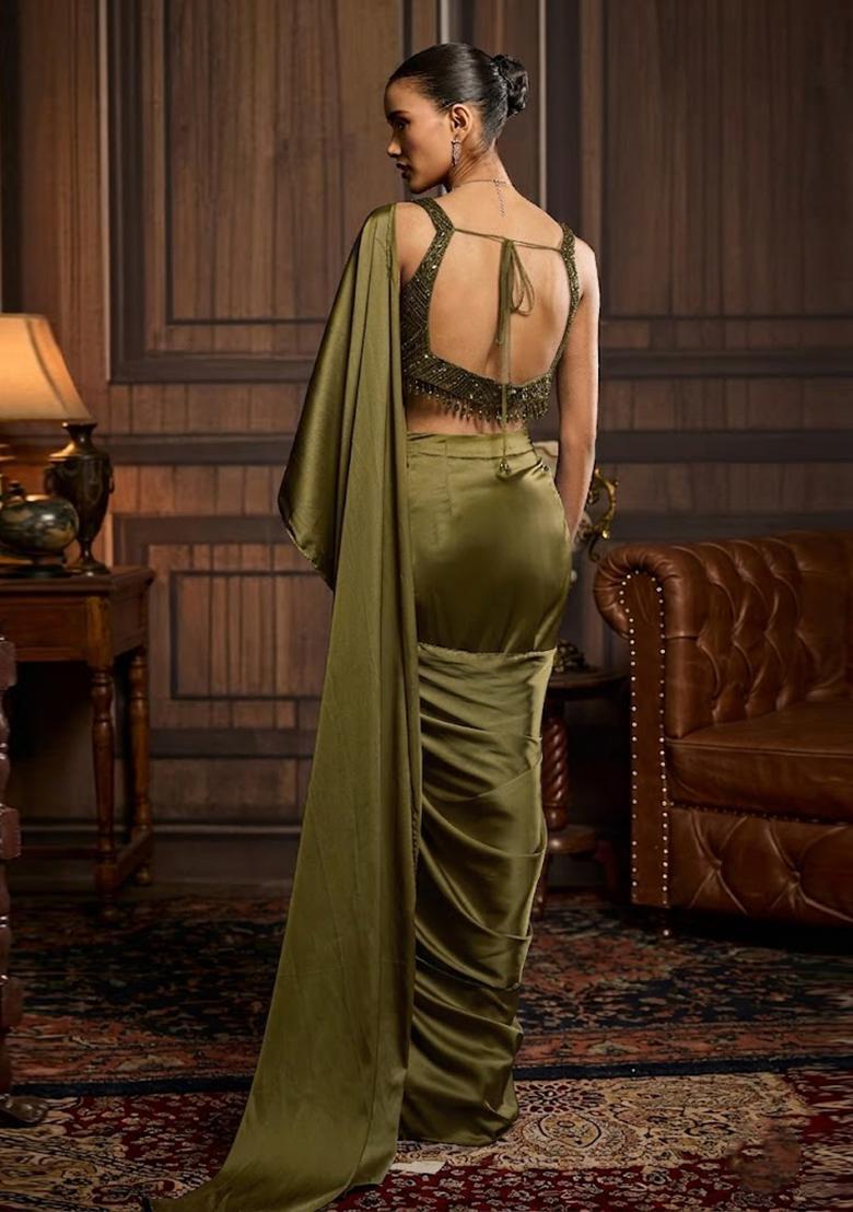 Olive Green Hand Work Satin Pre Draped Saree Set - Indya