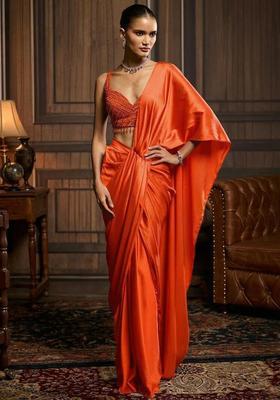 Orange Hand Work Satin Pre Draped Saree Set