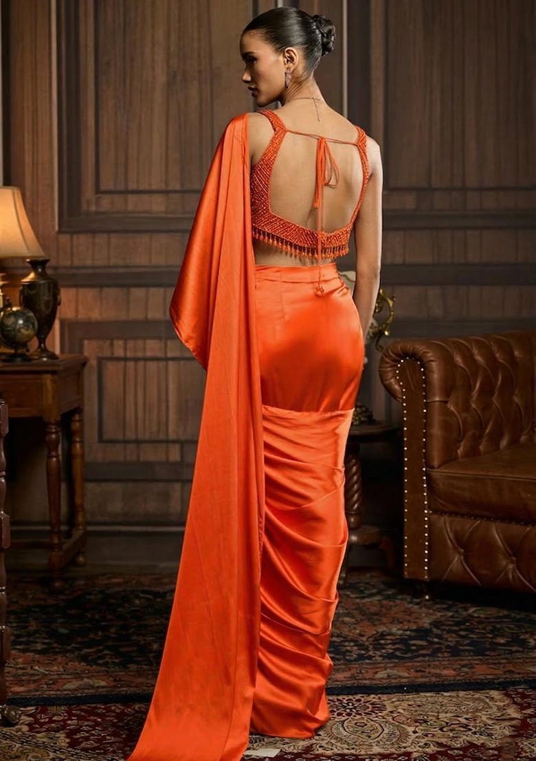 Orange Hand Work Satin Pre Draped Saree Set - Indya