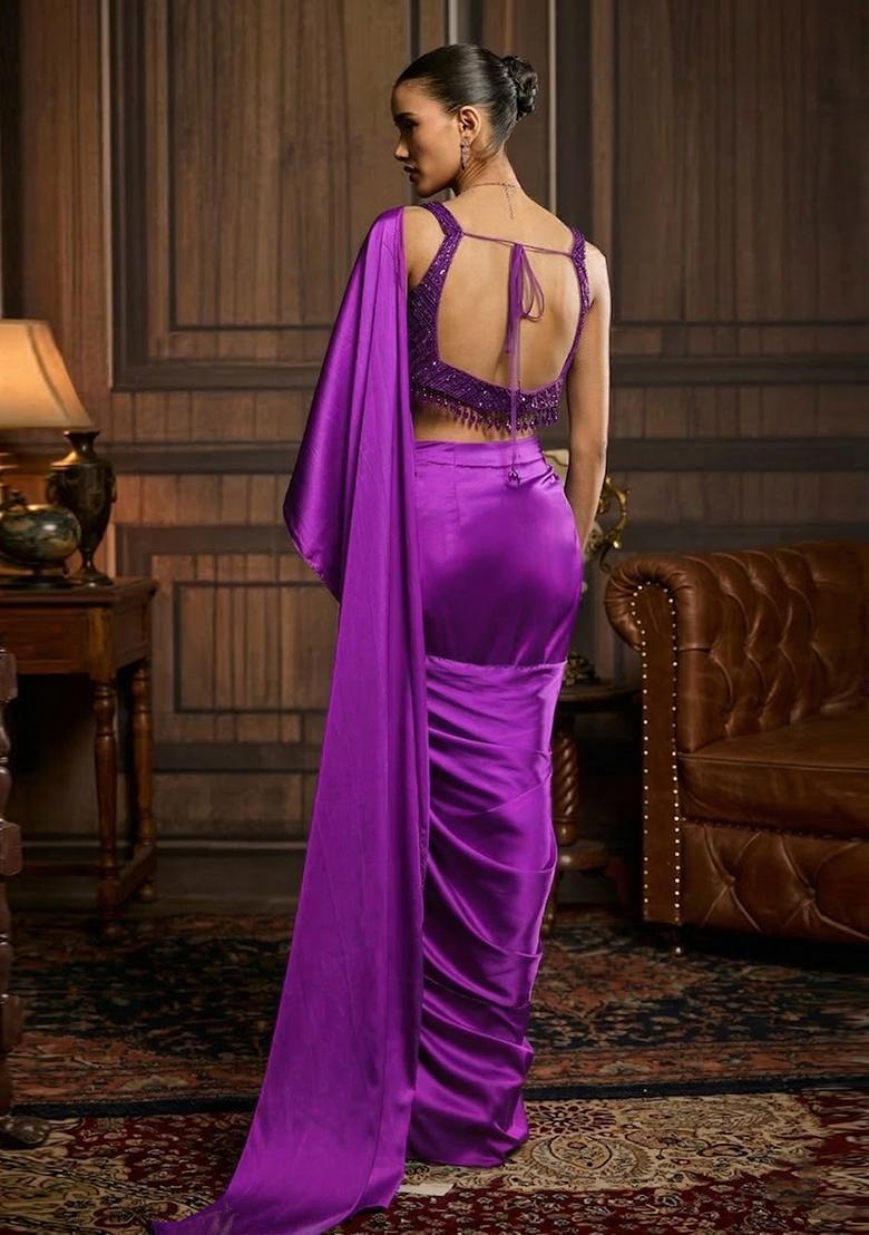 Purple Hand Work Satin Pre Draped Saree Set - Indya