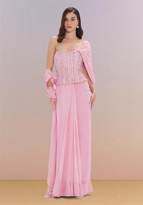 Baby Pink Hand Work Georgette Pre Draped Saree Set