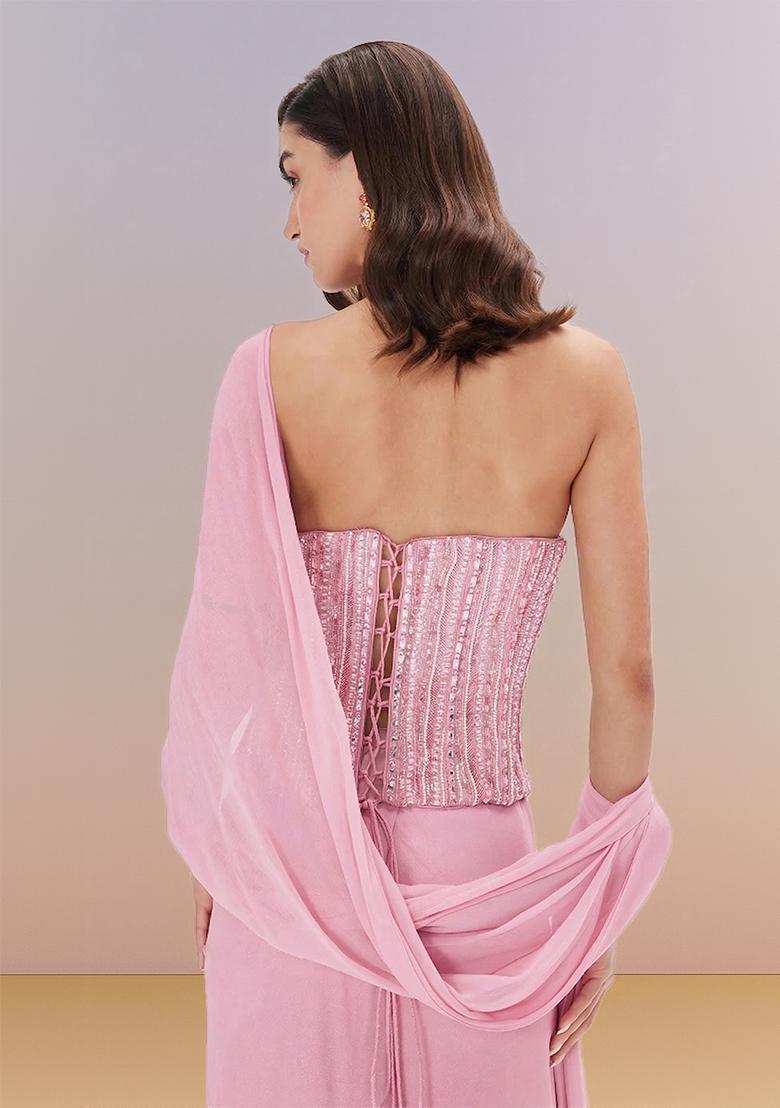 Baby Pink Hand Work Georgette Pre Draped Saree Set - Indya