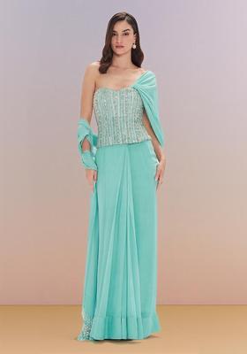 Sky Blue Hand Work Georgette Pre Draped Saree Set