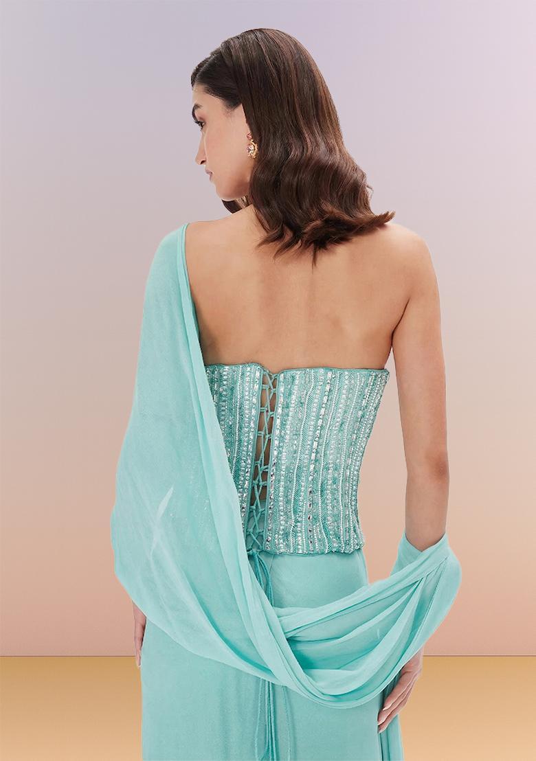 Sky Blue Hand Work Georgette Pre Draped Saree Set - Indya