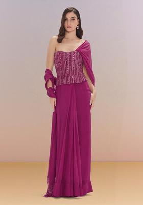 Rani Pink Hand Work Georgette Pre Draped Saree Set