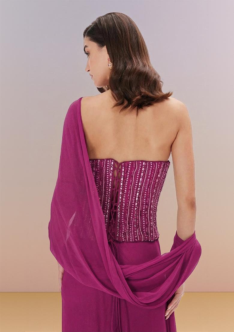 Rani Pink Hand Work Georgette Pre Draped Saree Set - Indya