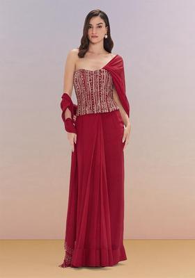 Deep Red Hand Work Georgette Pre Draped Saree Set