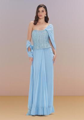 Sky Blue Hand Work Georgette Pre Draped Saree Set
