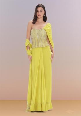 Yellow Hand Work Georgette Pre Draped Saree Set