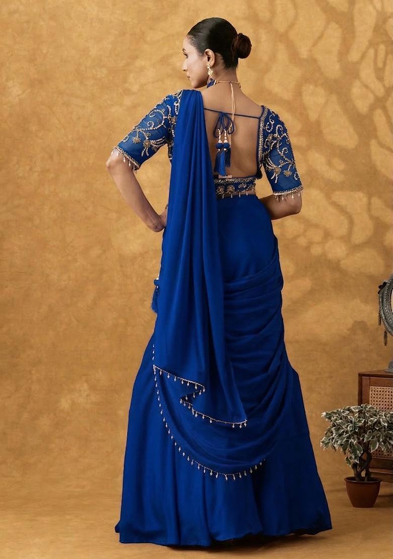 Royal Blue Hand Work Crepe Pre Draped Saree Set - Indya