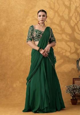 Bottle Green Hand Work Crepe Pre Draped Saree Set