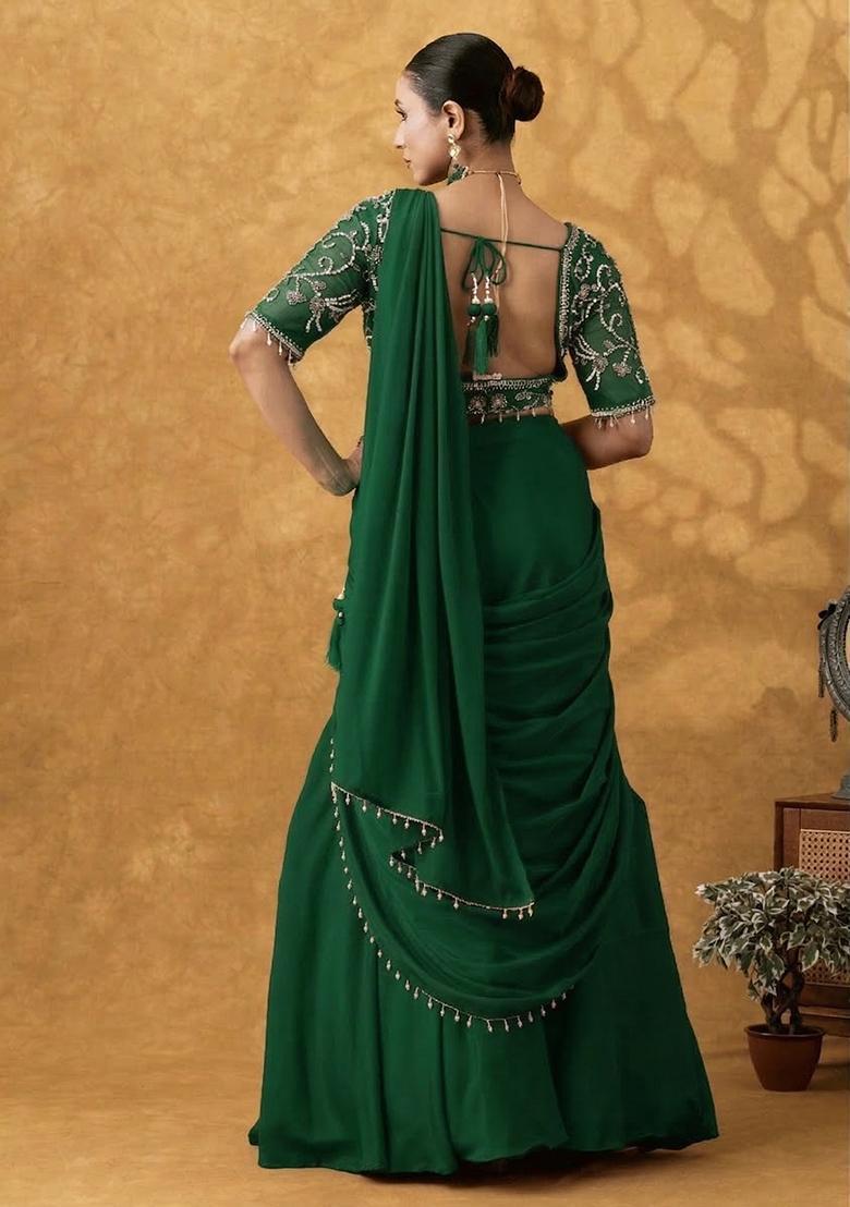 Bottle Green Hand Work Crepe Pre Draped Saree Set - Indya