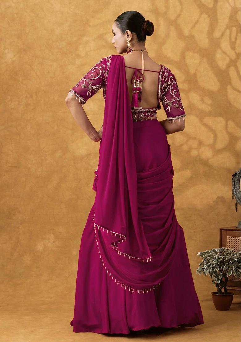 Rani Pink Hand Work Crepe Pre Draped Saree Set - Indya