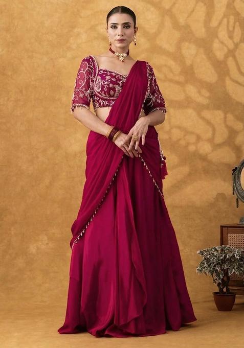 Rani Pink Hand Work Crepe Pre Draped Saree Set