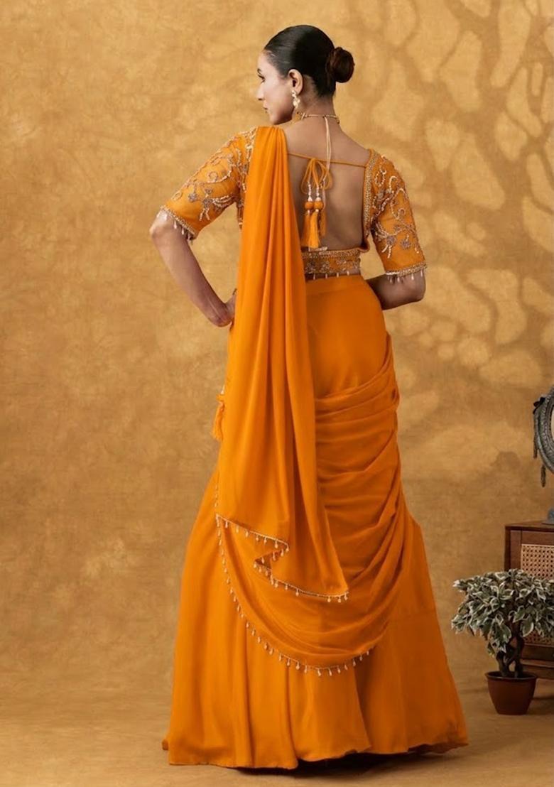 Orange Hand Work Crepe Pre Draped Saree Set - Indya