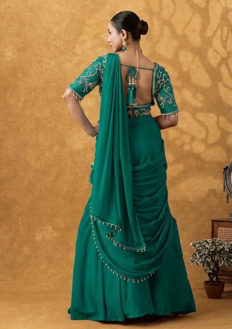 Teal Green Hand Work Crepe Pre Draped Saree Set - Indya
