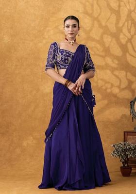 Purple Hand Work Crepe Pre Draped Saree Set