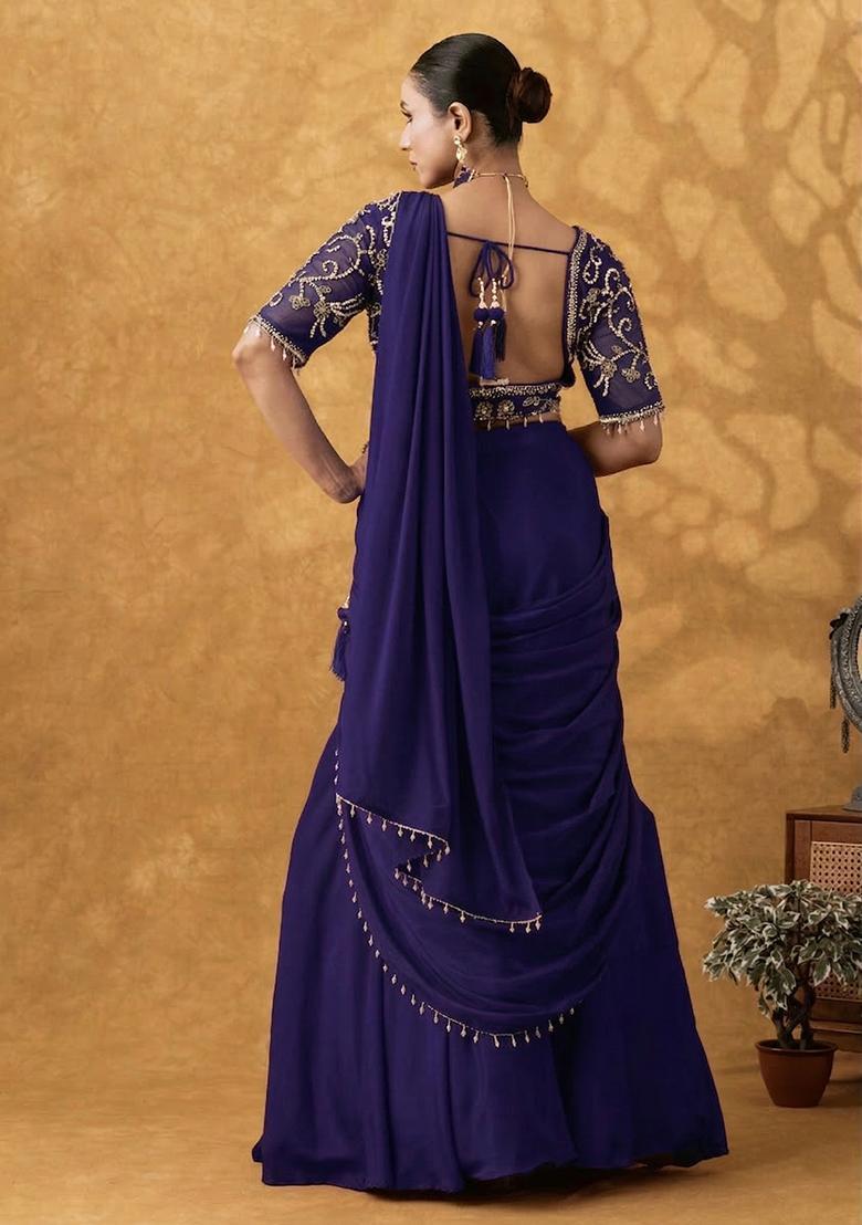 Purple Hand Work Crepe Pre Draped Saree Set - Indya