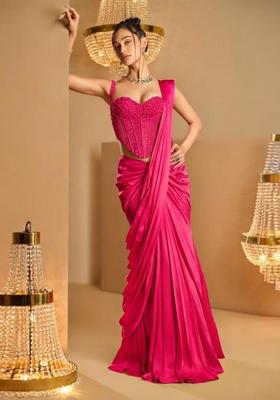 Pink Hand Work Satin Pre Draped Saree Set