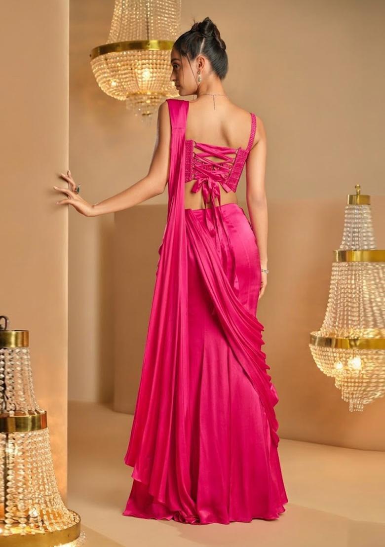 Pink Hand Work Satin Pre Draped Saree Set - Indya