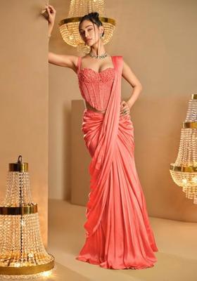 Peach Hand Work Satin Pre Draped Saree Set