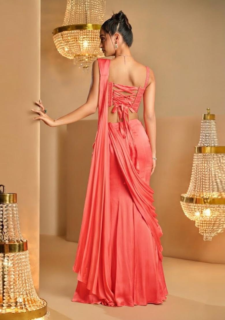 Peach Hand Work Satin Pre Draped Saree Set - Indya