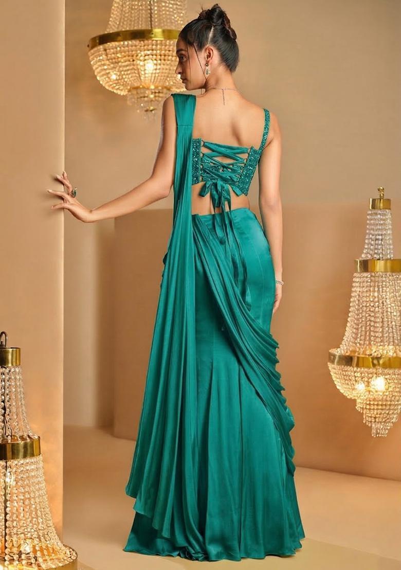 Teal Blue Hand Work Satin Pre Draped Saree Set - Indya