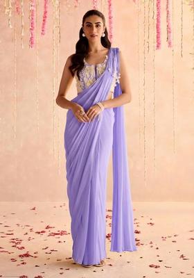 Lilac Hand Work Georgette Pre Draped Saree Set