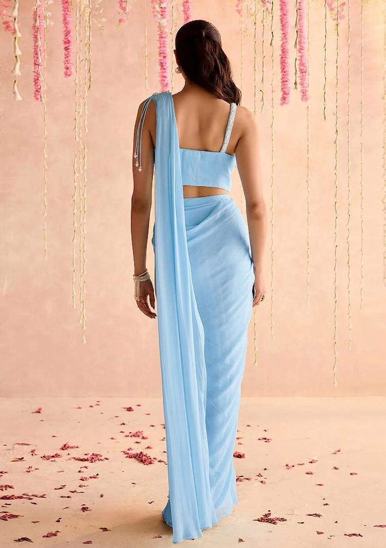 Light Blue Hand Work Georgette Pre Draped Saree Set - Indya