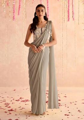 Grey Hand Work Georgette Pre Draped Saree Set
