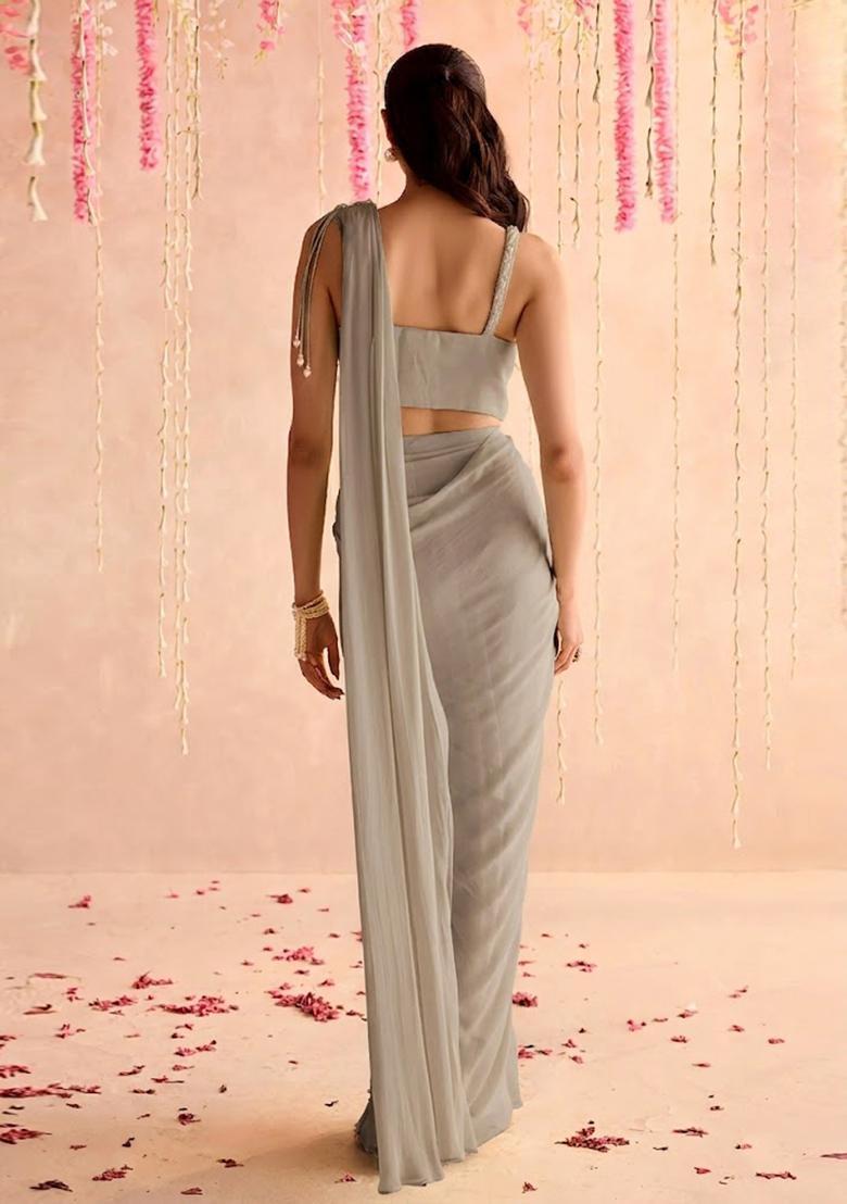 Grey Hand Work Georgette Pre Draped Saree Set - Indya