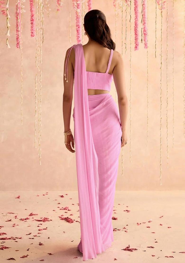 Pink Hand Work Georgette Pre Draped Saree Set - Indya