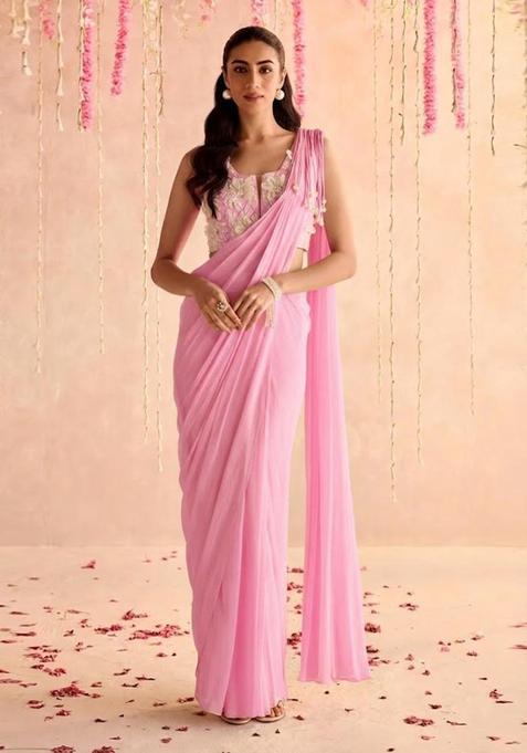 Pink Hand Work Georgette Pre Draped Saree Set
